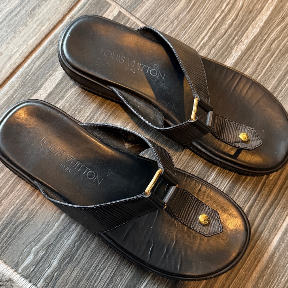 Authentic Louis Vuitton Black Sandals with Gold Detail